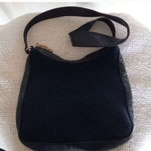 Inge Christopher Black Woven Canvas & Leather Shoulder Bag EUC
